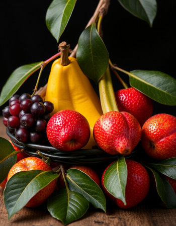Fresh fruits on a wooden table. Black background. Top view.