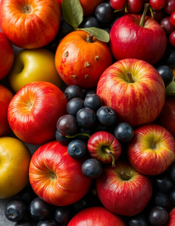 Autumn fruits and berries background. Healthy food concept. Top view.