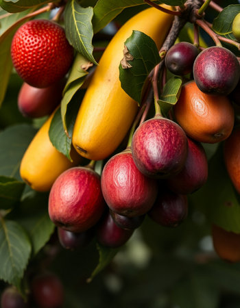 Close up of fresh fruits on a branch with green leaves background.