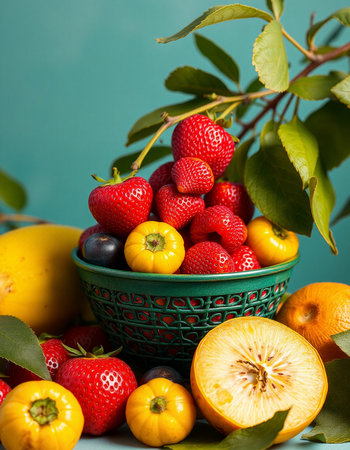 Fruits in a bowl on a blue background. Ripe strawberriescots, lemons and oranges.