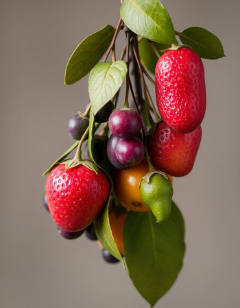 Fruits on a branch with green leaves and berries on a gray backgroundの写真素材