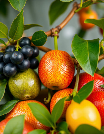 Close up of different fruits on a tree branch. Selective focus.の写真素材