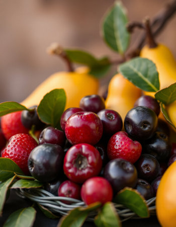 Ripe fruits in a basket on a wooden background. Selective focus.の写真素材