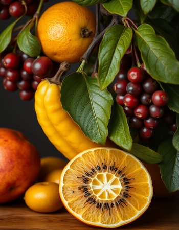 Fruits and vegetables on a dark background. Healthy food concept.の写真素材