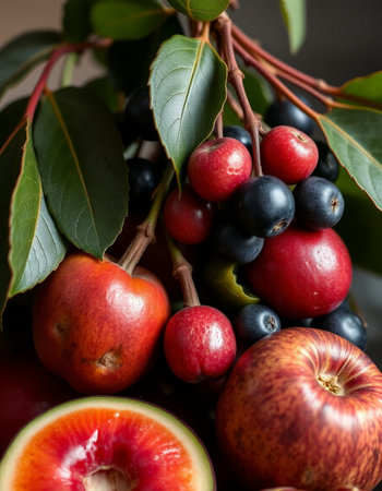Close up of a bunch of red and black fruits on a branchの写真素材