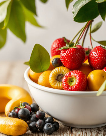 Mix of fresh fruits in a bowl on a white wooden table.の写真素材
