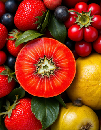 Fresh fruits and berries background. Top view. Healthy food concept.の写真素材