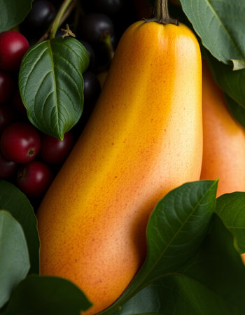Close-up of fresh fruits and vegetables with leaves on white backgroundの写真素材