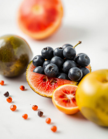 Fresh fruits on a white background, close-up, selective focus.の写真素材