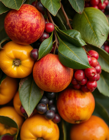 Close-up of a bunch of autumn fruits on a tree.の写真素材