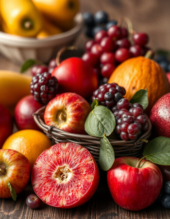 Fruits and vegetables in a basket on a wooden table. Selective focus.の写真素材