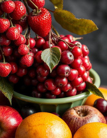 Autumn fruits and berries in bowl on dark background, selective focusの写真素材