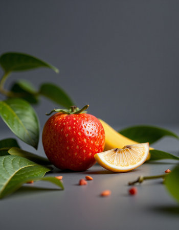 Strawberry and lemon on a black background with green leaves.の写真素材
