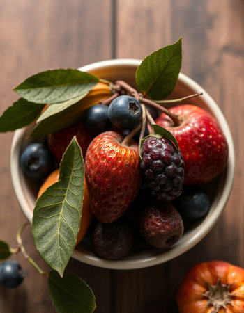 Mix of fresh fruits and berries in a bowl on a wooden tableの写真素材