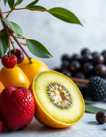Fresh fruits and berries on a white wooden table. Selective focus.の写真素材