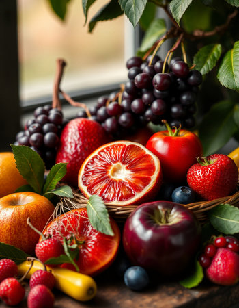 Fruits and berries in a basket on the windowsill, selective focusの写真素材