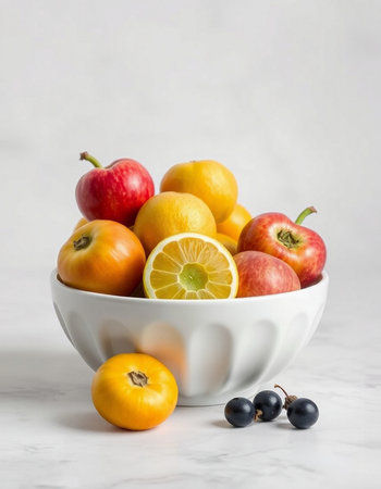 Fruits in a white bowl on a white marble background, verticalの写真素材