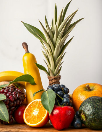 Fruits were placed on the wooden table. Shot in a studio.の写真素材