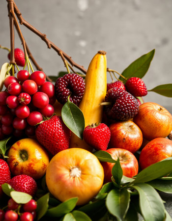 Fruits and berries on rustic background. Healthy food concept.の写真素材