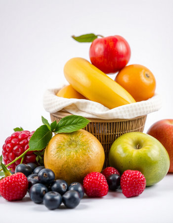 Fruits and berries in a basket on a white background. Healthy food.の写真素材