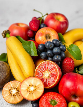Assorted fresh fruits on a white background. Selective focus.の写真素材