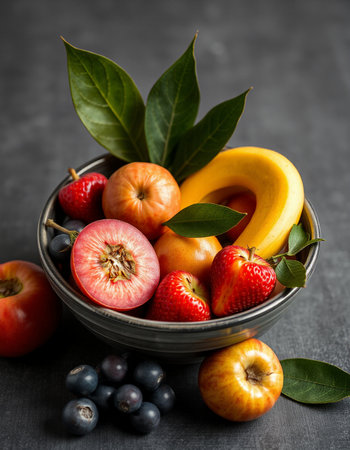 Fresh fruits and berries in a bowl on dark background, selective focusの写真素材
