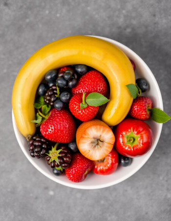 Mix of fresh berries and fruits in a bowl, top view.の写真素材