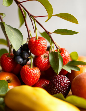 Fruits and berries on a wooden table. Selective focus.の写真素材
