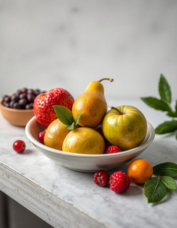 Assorted fruits in a bowl on a white marble table, selective focusの写真素材