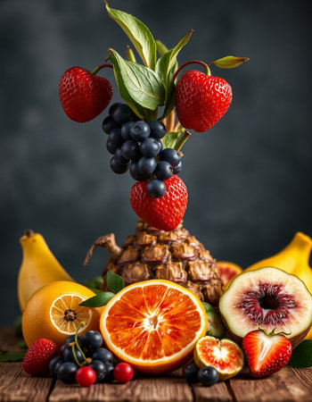 Fruits in a vase on a wooden table, dark backgroundの写真素材