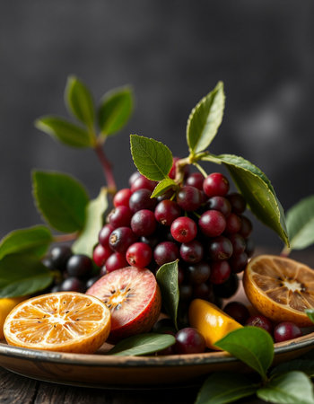 Fruits and berries on a plate on a wooden table. Black background.の写真素材