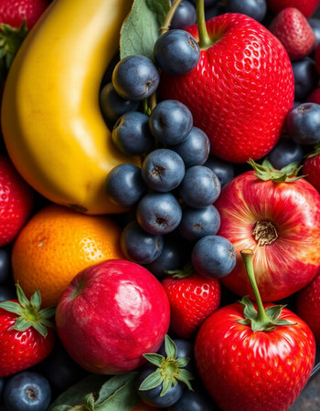 Mix of fresh fruits and berries as background, top view, closeupの写真素材