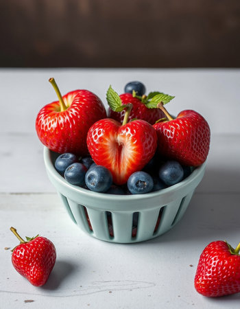 Strawberries and blueberries in a bowl on a wooden backgroundの写真素材