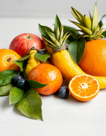 Variety of citrus fruit including oranges and pineapples.の写真素材