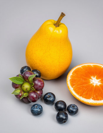 Fruits on a gray background. Ripe pear, orange and blueberries.の写真素材