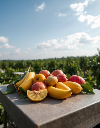 Fruits on the table against the background of the blue sky.の写真素材