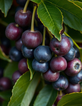 Berries of a black chokeberry on a branch close-upの写真素材