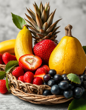 Fresh fruits in a basket on a wooden background. Healthy food.の写真素材