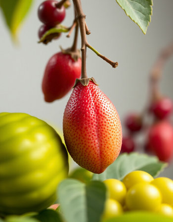 Closeup of red and green fruits on a branch with green leavesの写真素材