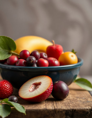 Mix of fresh fruits in a bowl on wooden background, selective focusの写真素材