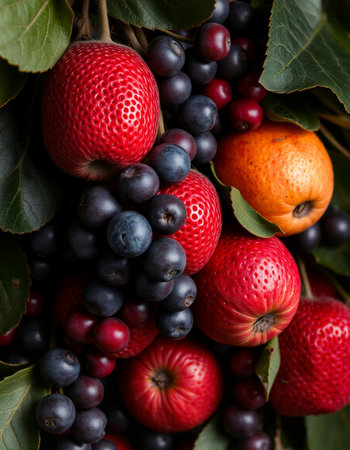 Fresh fruits and berries on rustic background, closeup, verticalの写真素材