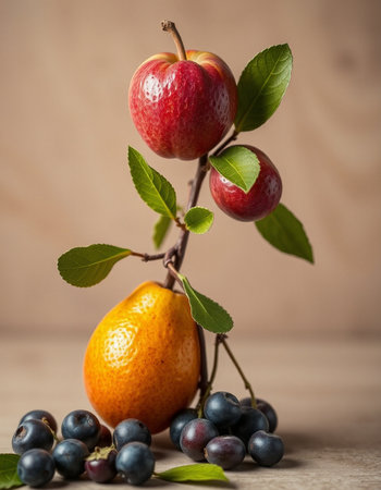 Fruit still life with apple, pear and blueberry on wooden backgroundの写真素材