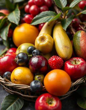 Assortment of fresh fruits and berries in a basket on black backgroundの写真素材