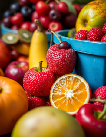 Fresh fruits and vegetables for healthy diet nutrition. Selective focus.の写真素材