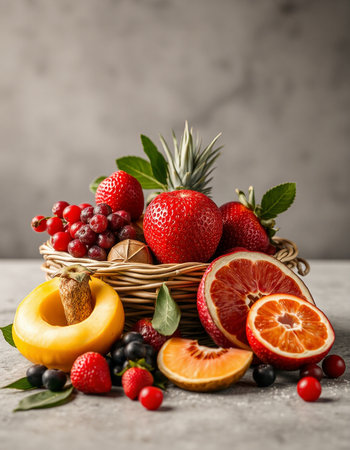 Fruits in a basket on a gray background. Healthy food.の写真素材
