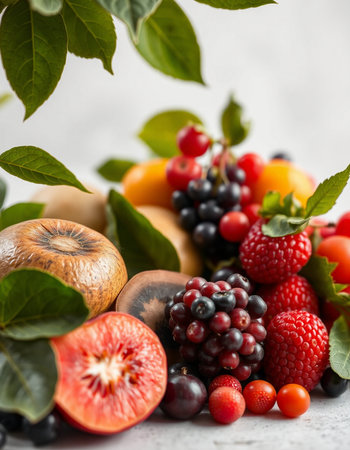 Variety of fresh fruits and berries on white background, selective focusの写真素材