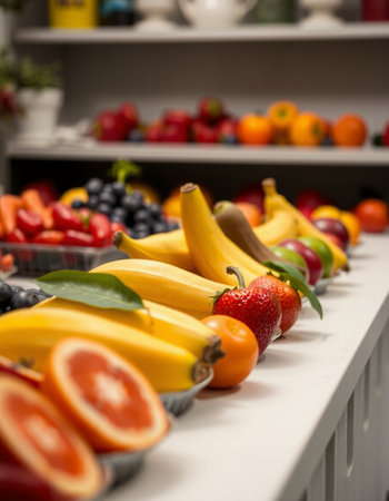 Fruits and vegetables on shelf in the kitchen, healthy food conceptの写真素材