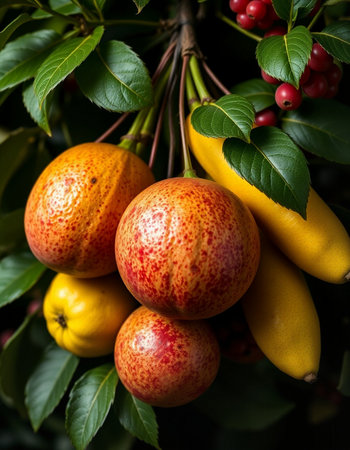 Ripe pears on a tree branch with green leaves and red berriesの写真素材