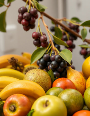 Bunch of fresh fruits in a basket on a wooden table.の写真素材