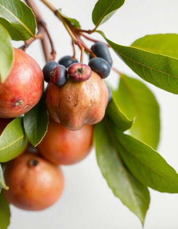Ripe pomegranates and blueberries on a branch.の写真素材